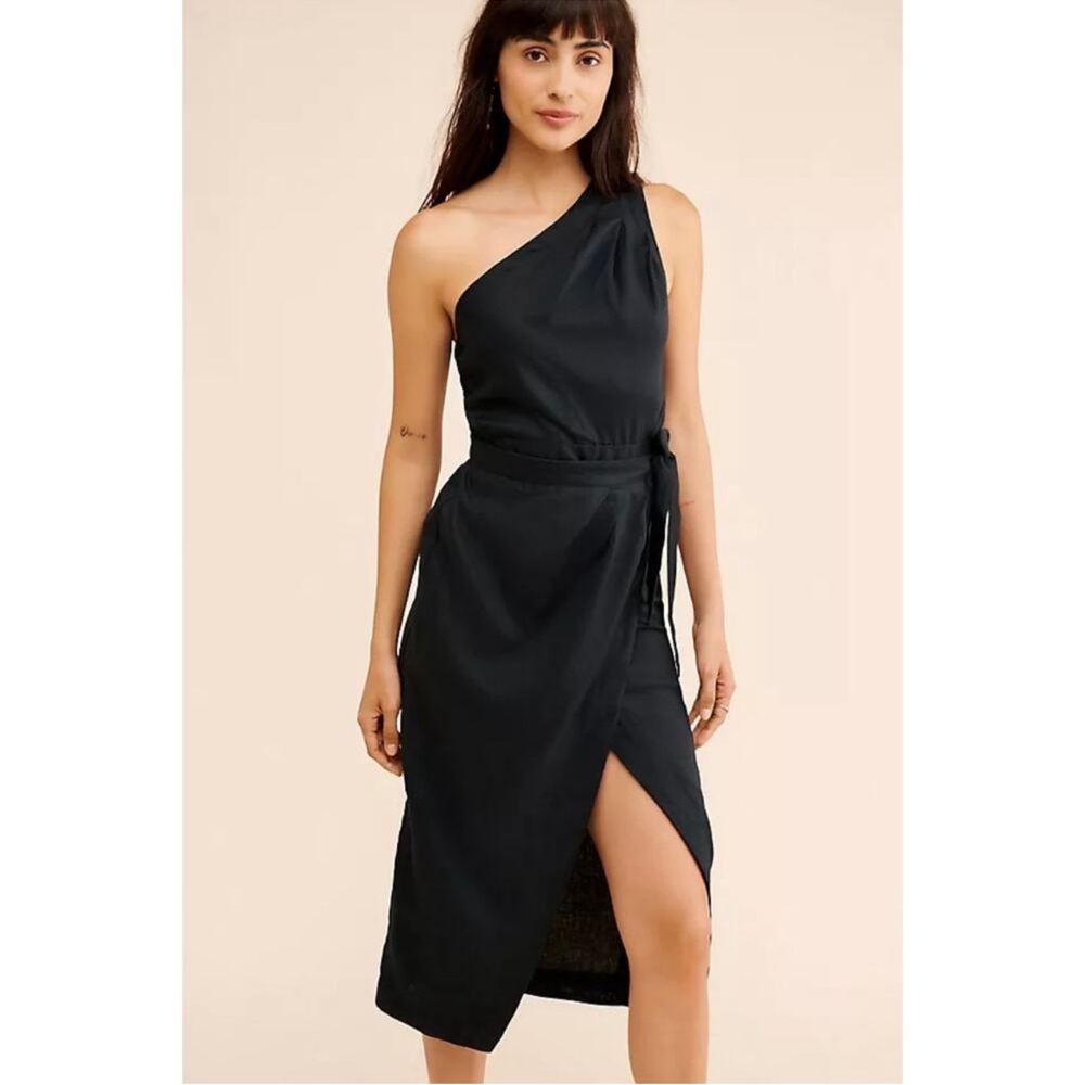 Anthropologie Linen Black Asymmetrical One Shoulder Midi Dress Belted 4P
